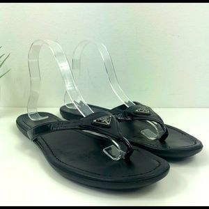 Prada Black Logo Patent Leather Thong Flip Flop Sandals Size 9.5